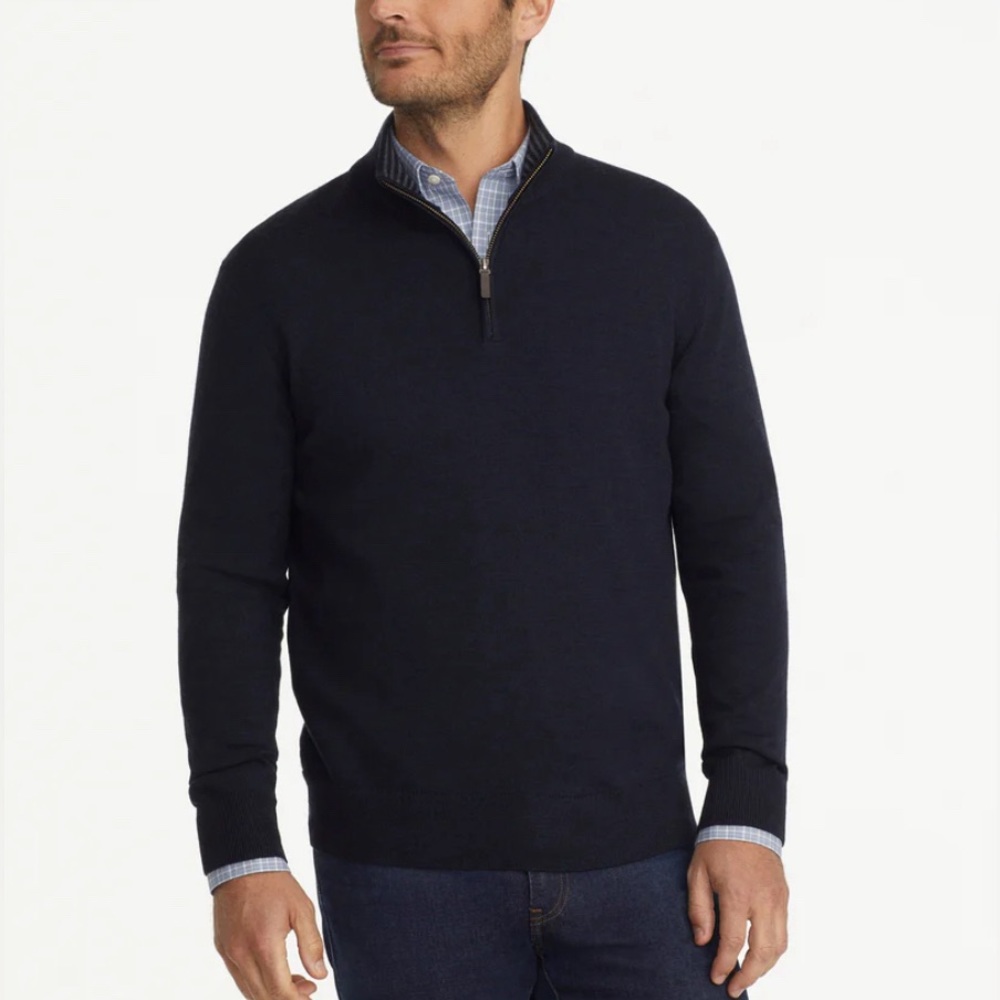 UNTUCKit Extra Fine Merino Wool 1/4 Zip Mens L Blue / Black Knit Pullover